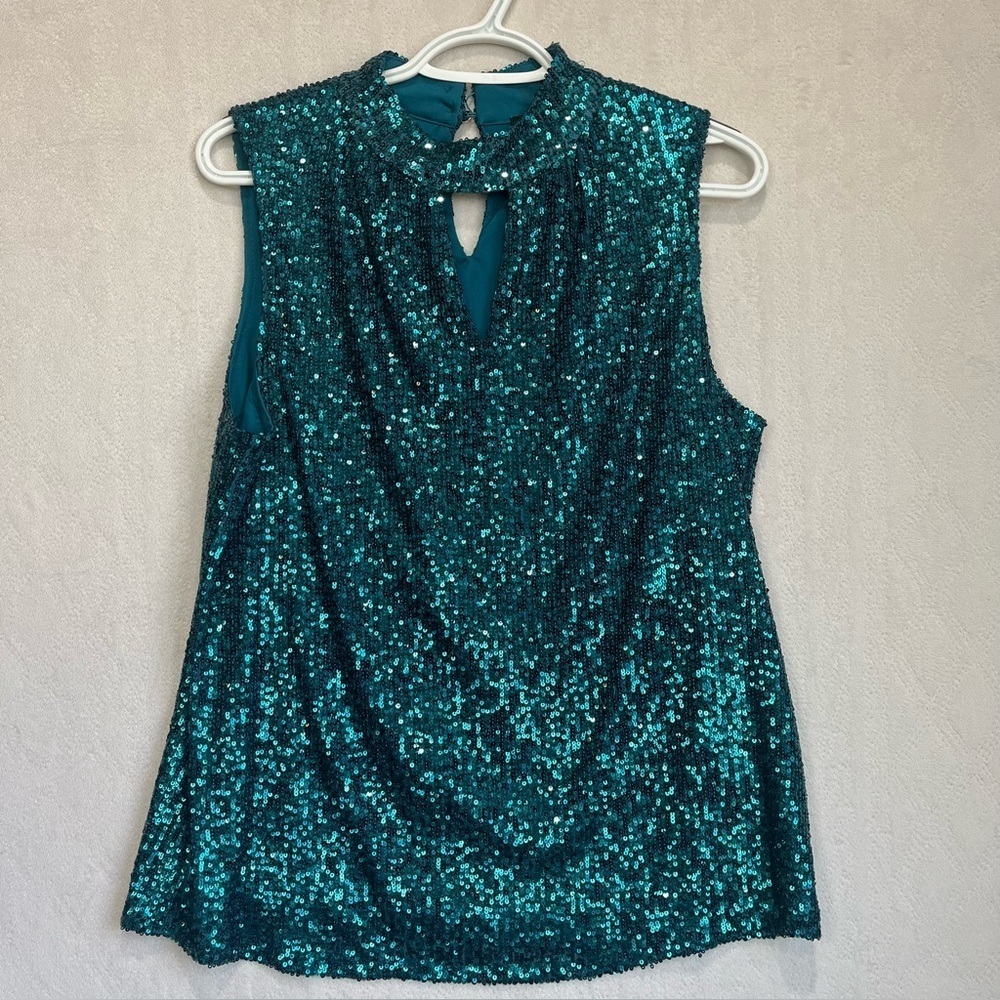 Cable & Gauge Green All Over Sequined Sleeveless Blouse Sz L Sparkly Whimsigoth